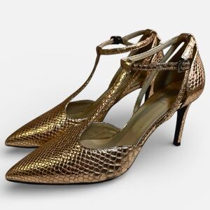 Bruno Magli Malena Snake Embossed T-Strap Pump Gold Size 39